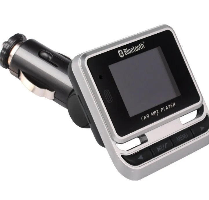 Silver Car Bluetooth MP3 player with monochrome screen and ABS plastic shell for vehicle use