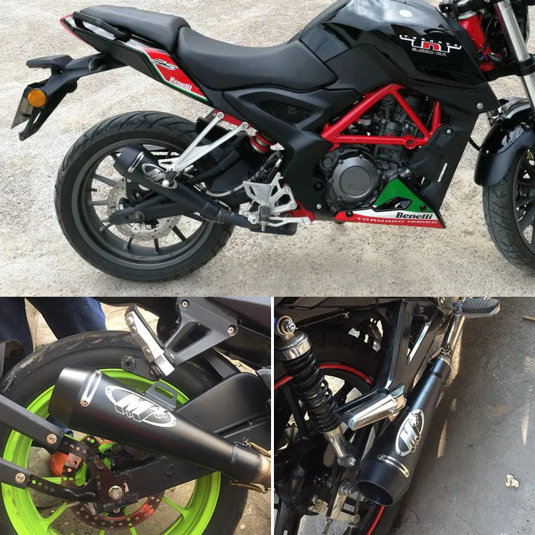 Universal M4 motorcycle exhaust pipe in various finish options including black, titanium, and blue.