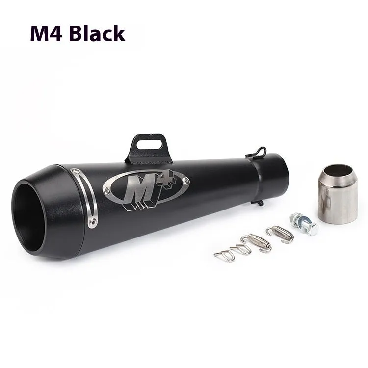 Universal M4 motorcycle exhaust pipe in various finish options including black, titanium, and blue.