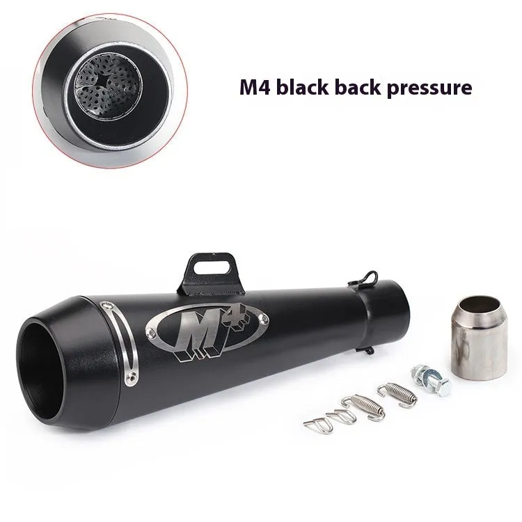 Universal M4 motorcycle exhaust pipe in various finish options including black, titanium, and blue.