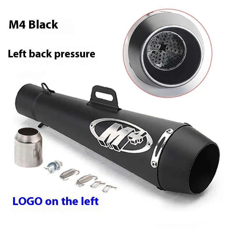 Universal M4 motorcycle exhaust pipe in various finish options including black, titanium, and blue.