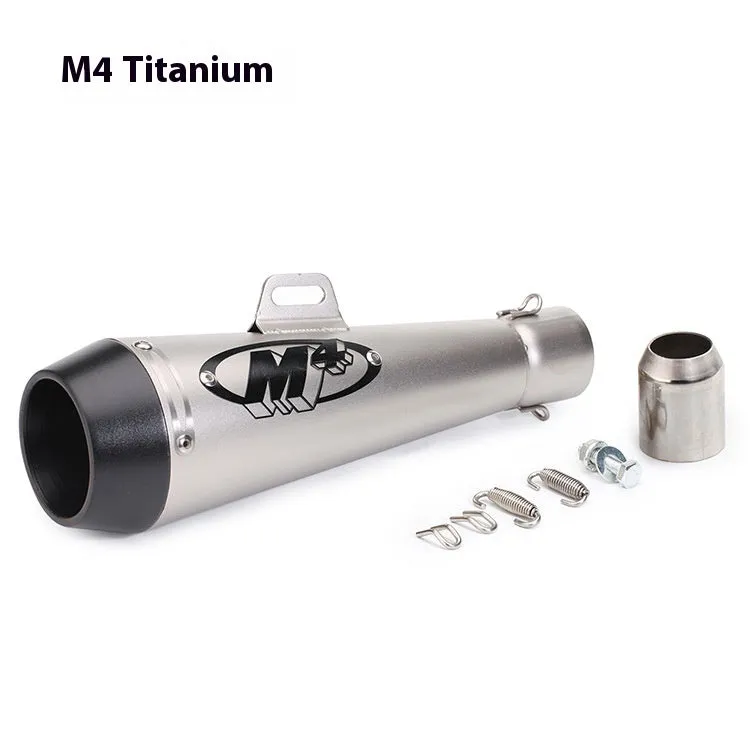 Universal M4 motorcycle exhaust pipe in various finish options including black, titanium, and blue.