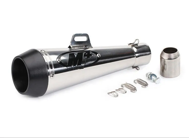 Universal M4 motorcycle exhaust pipe in various finish options including black, titanium, and blue.