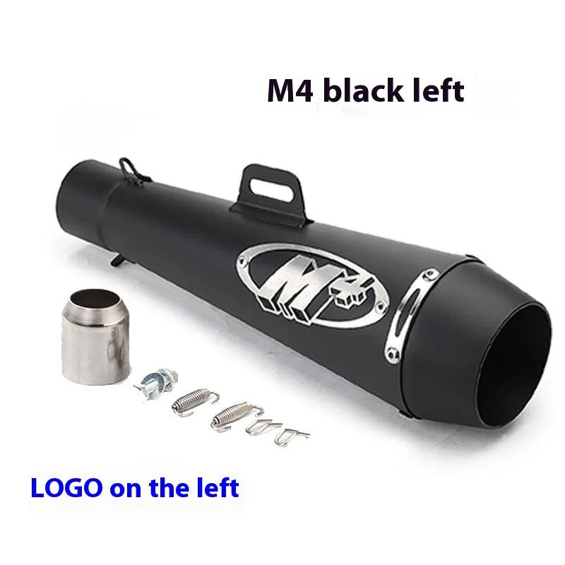 Universal M4 motorcycle exhaust pipe in various finish options including black, titanium, and blue.