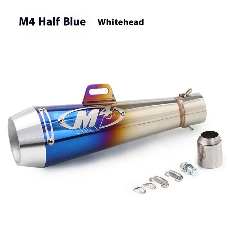 Universal M4 motorcycle exhaust pipe in various finish options including black, titanium, and blue.