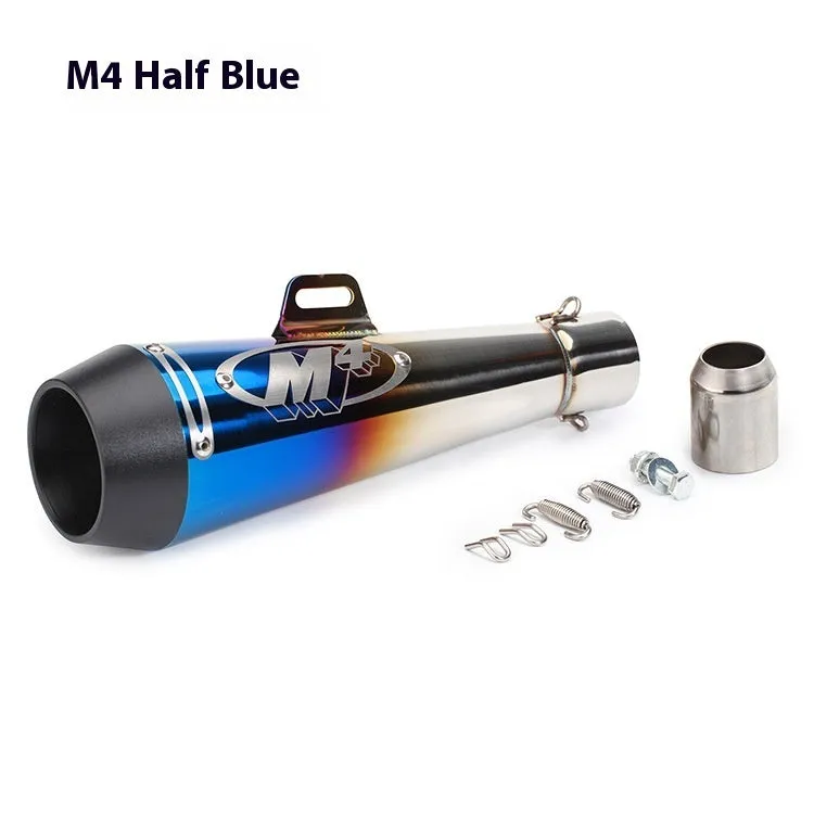 Universal M4 motorcycle exhaust pipe in various finish options including black, titanium, and blue.