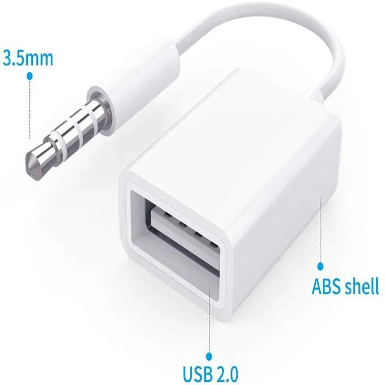 White USB to 3.5mm AUX audio adapter cable for 12V car CD player