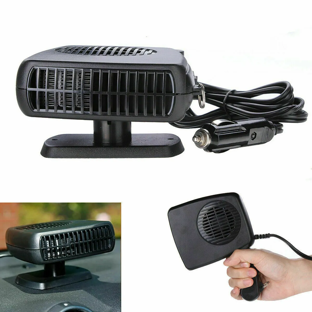 Portable 12V/24V car heater fan, black ABS, windscreen demister defroster with 360-degree rotation, compact size 13 x 11 x 4 cm.