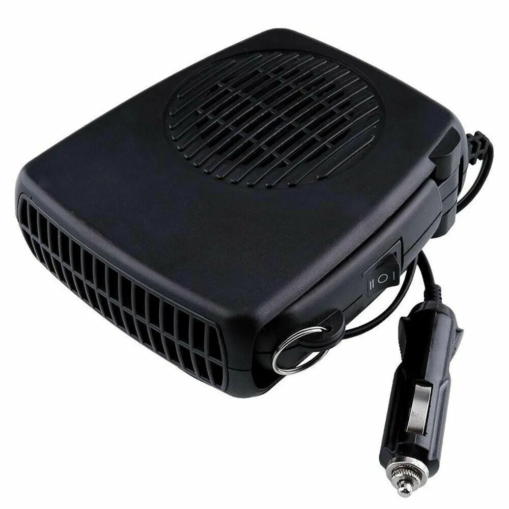 Portable 12V/24V car heater fan, black ABS, windscreen demister defroster with 360-degree rotation, compact size 13 x 11 x 4 cm.