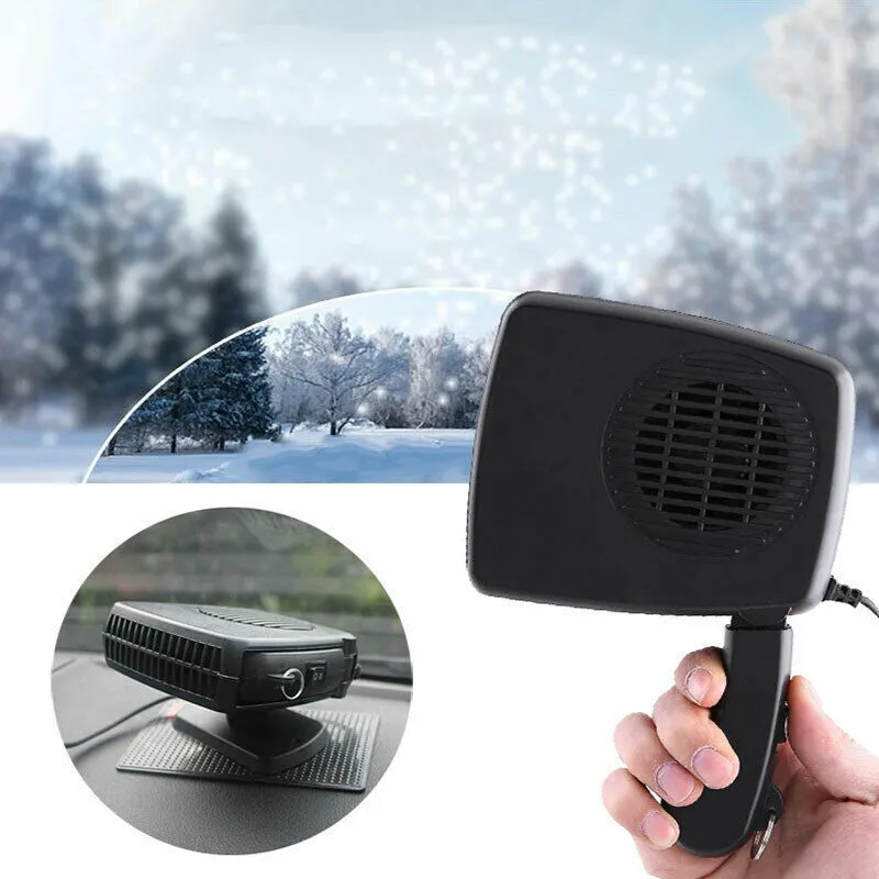 Portable 12V/24V car heater fan, black ABS, windscreen demister defroster with 360-degree rotation, compact size 13 x 11 x 4 cm.