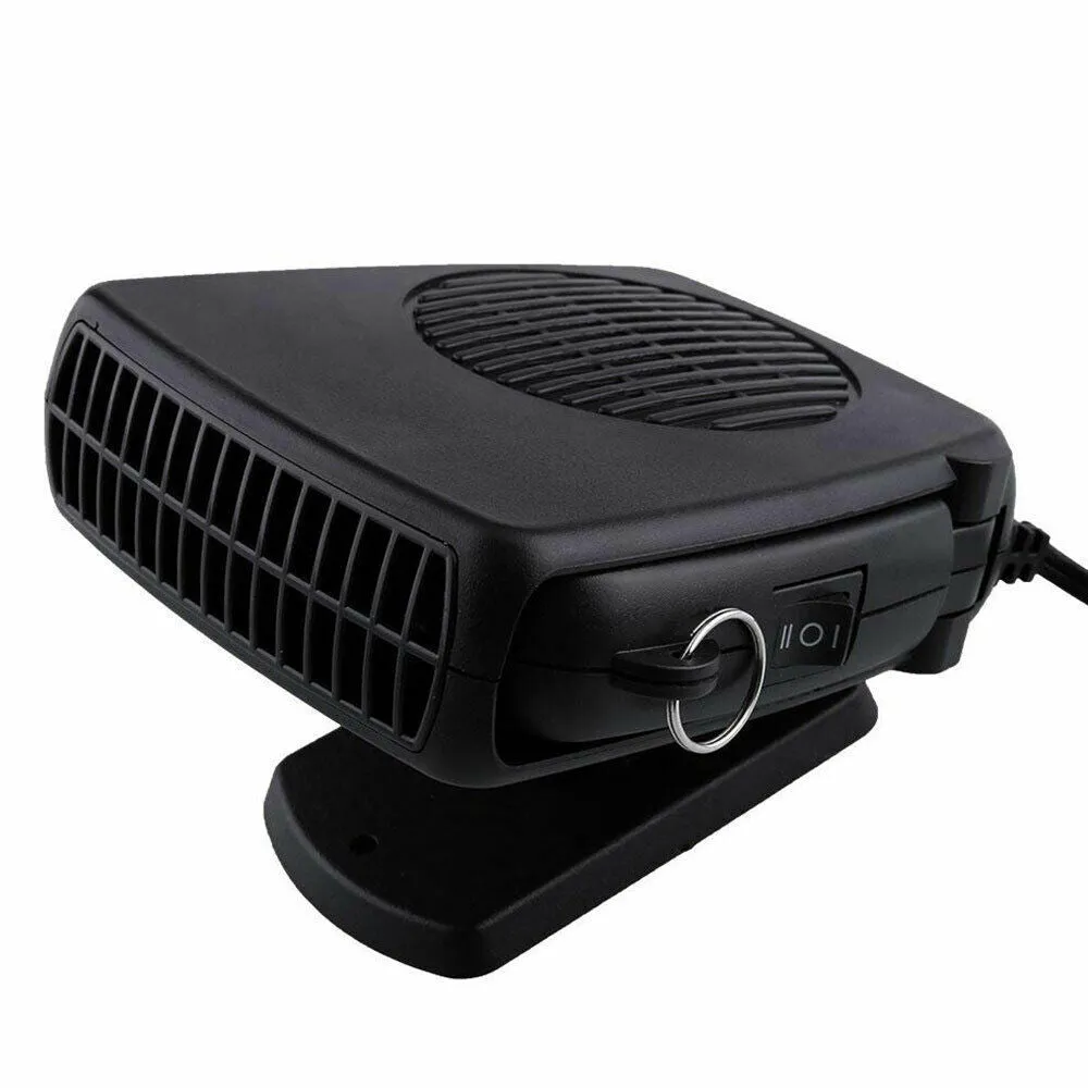 Portable 12V/24V car heater fan, black ABS, windscreen demister defroster with 360-degree rotation, compact size 13 x 11 x 4 cm.