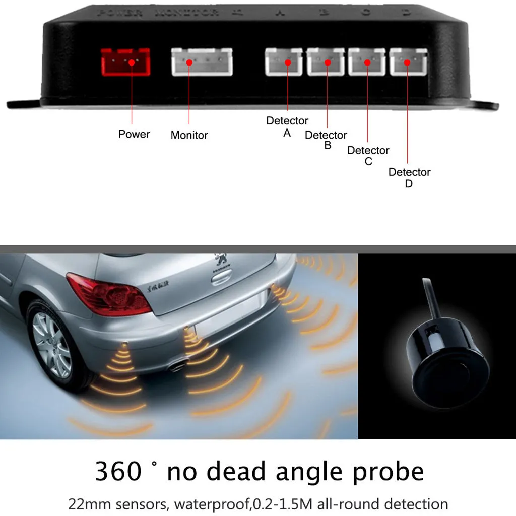 Car LED crescent buzzer parking sensor with four probes in black silver and white for 12V vehicles