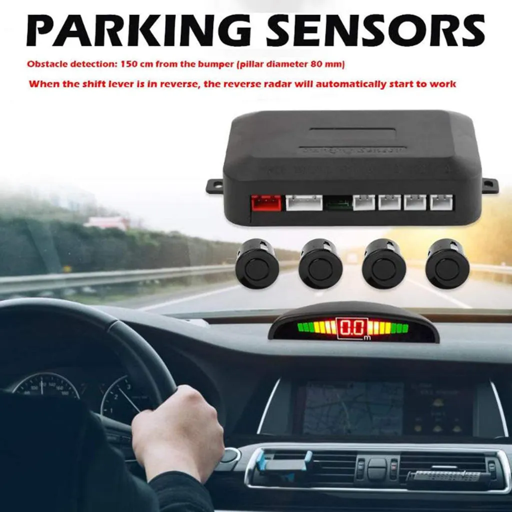 Car LED crescent buzzer parking sensor with four probes in black silver and white for 12V vehicles