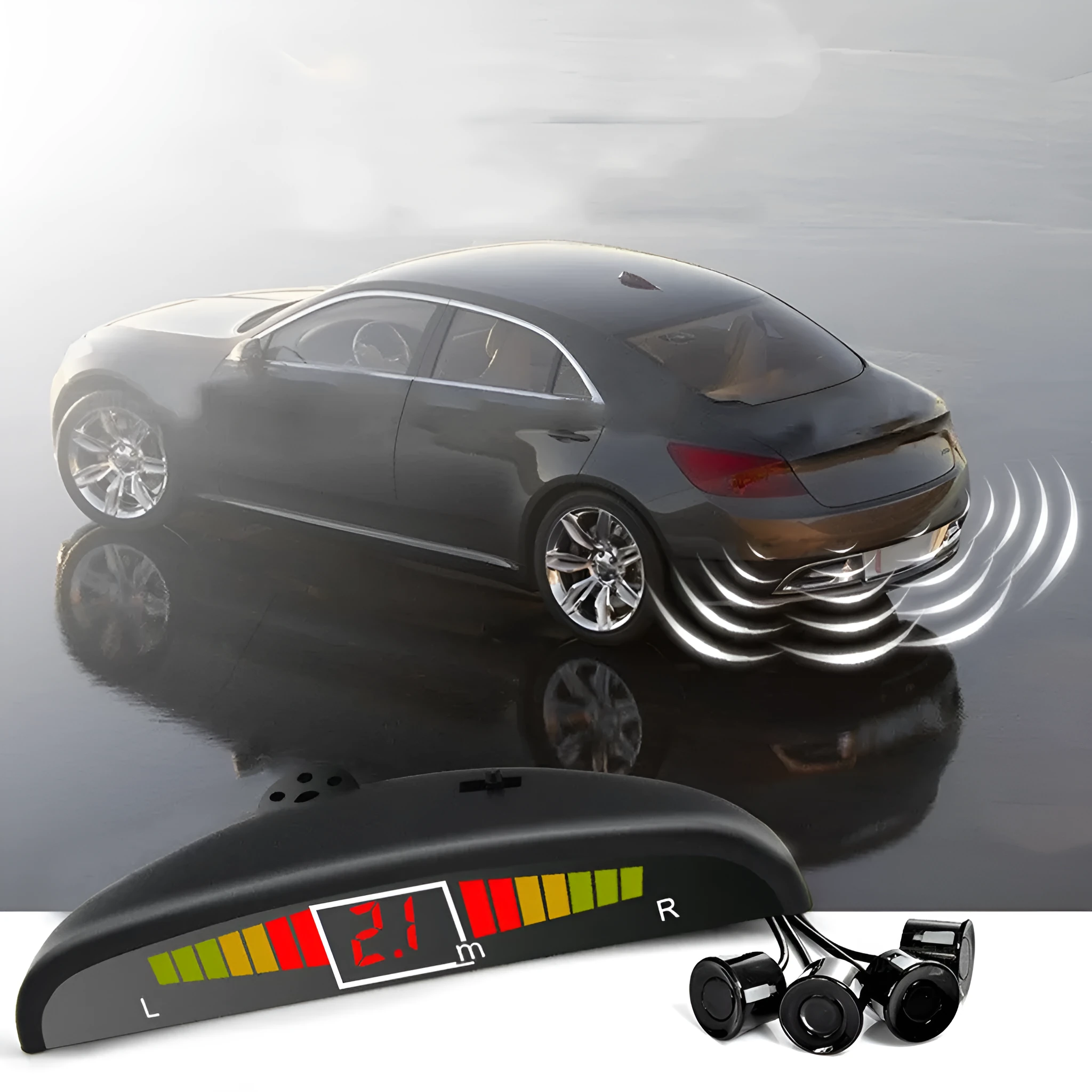 Car LED crescent buzzer parking sensor with four probes in black silver and white for 12V vehicles