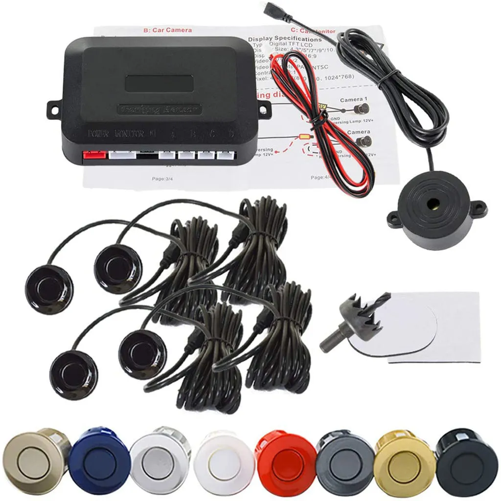 Car LED crescent buzzer parking sensor with four probes in black silver and white for 12V vehicles