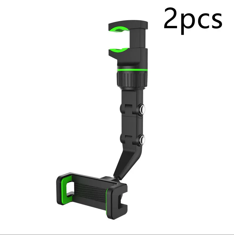 Multifunctional car holder clipped onto rear view mirror holding a smartphone in a car interior