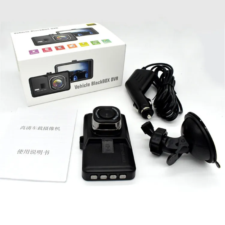 Black hidden driving recorder with 3.0 inch screen mounted on car windshield showing 170 degree wide angle HD 1080P recording