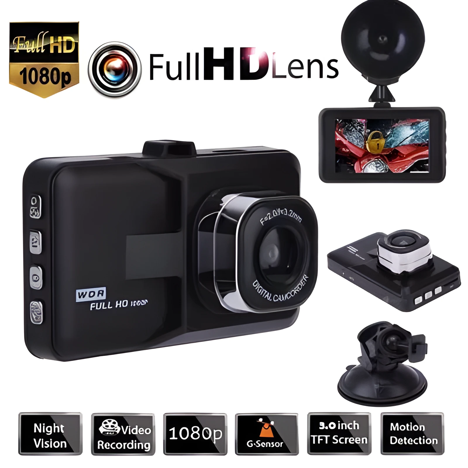 Black hidden driving recorder with 3.0 inch screen mounted on car windshield showing 170 degree wide angle HD 1080P recording