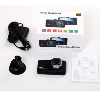 Black hidden driving recorder with 3.0 inch screen mounted on car windshield showing 170 degree wide angle HD 1080P recording