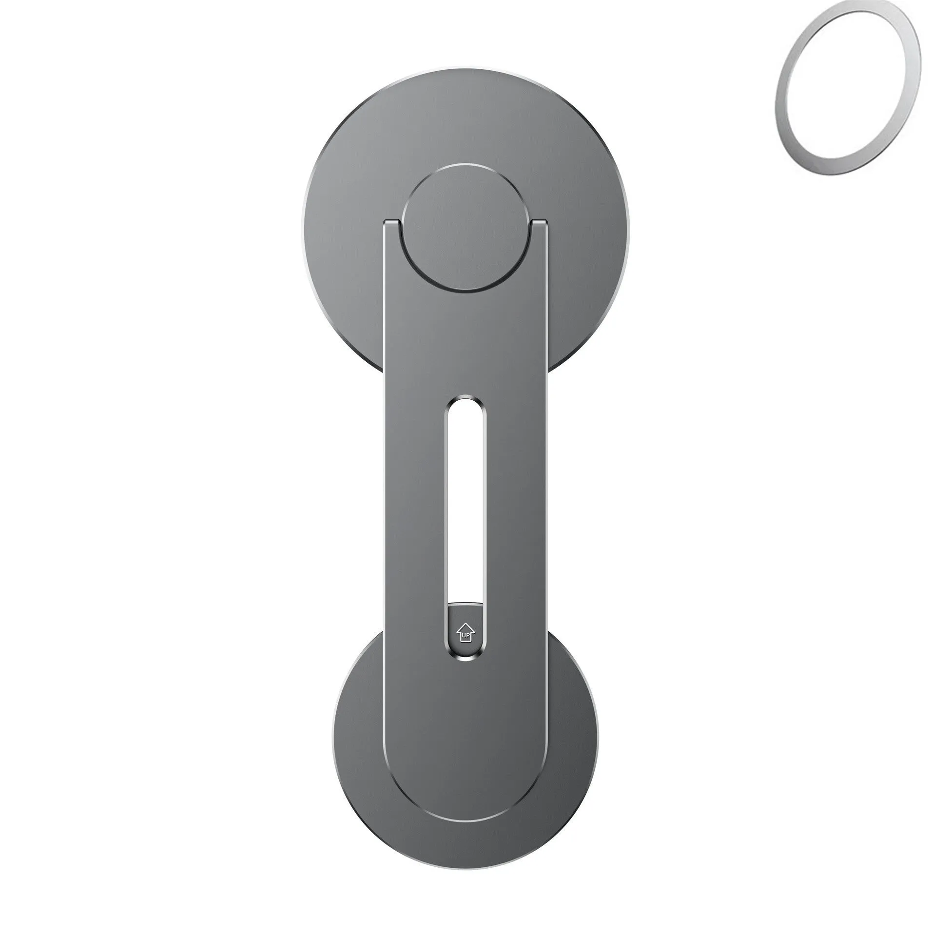 Silver aluminium alloy magnetic car phone holder mounted on Tesla suspension screen with 180° flip adjustment