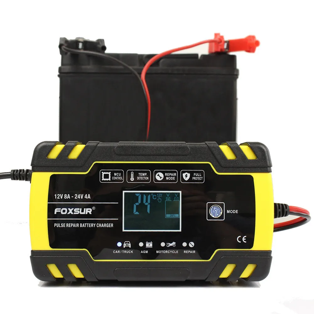 Yellow automatic battery charger 12V 24V for cars and motorcycles with 100-240V input