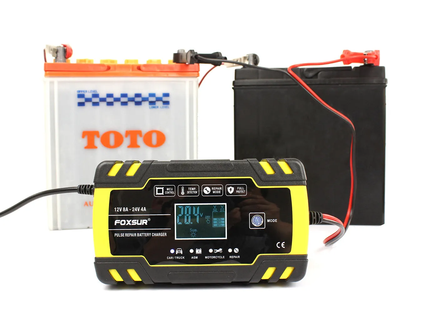 Yellow automatic battery charger 12V 24V for cars and motorcycles with 100-240V input