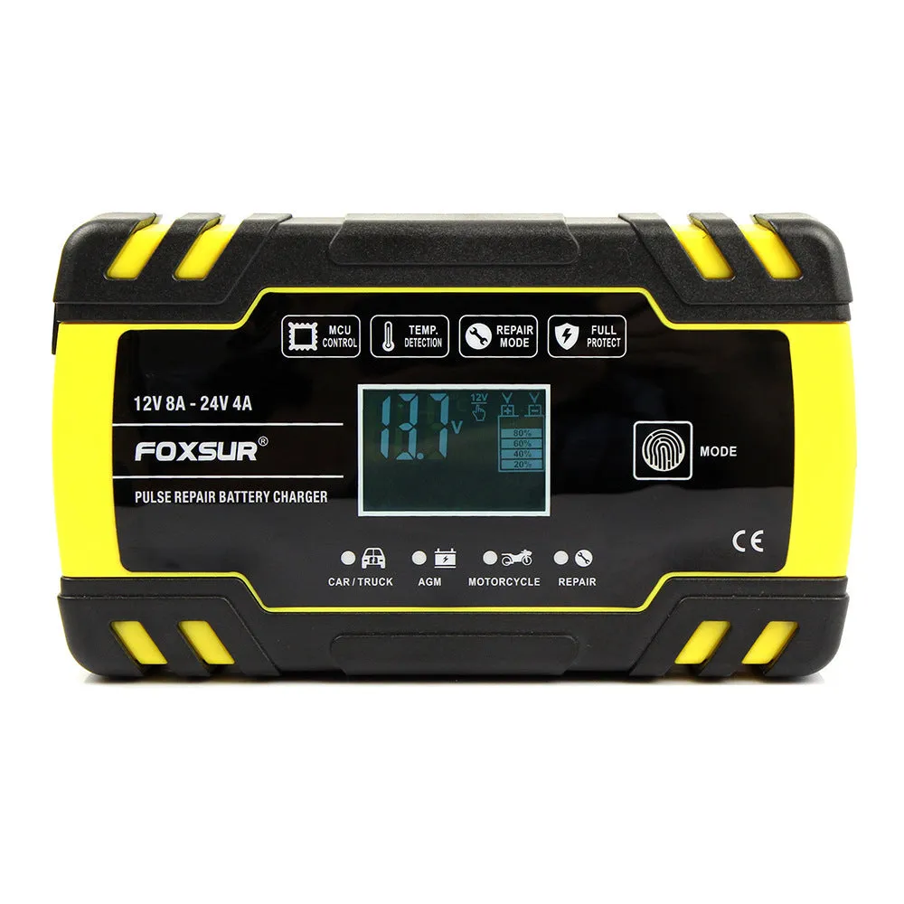 Yellow automatic battery charger 12V 24V for cars and motorcycles with 100-240V input