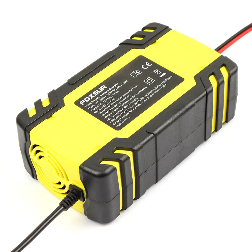 Yellow automatic battery charger 12V 24V for cars and motorcycles with 100-240V input