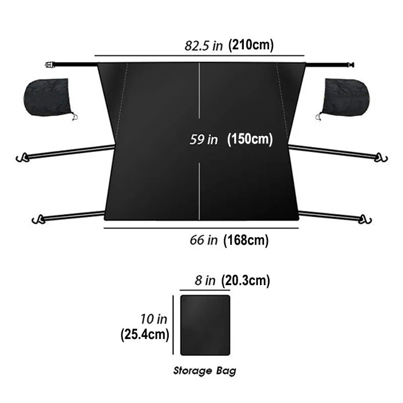 Black 210T polyester car windshield snow cover with six elastic bands, 205x150cm, for outdoor parking