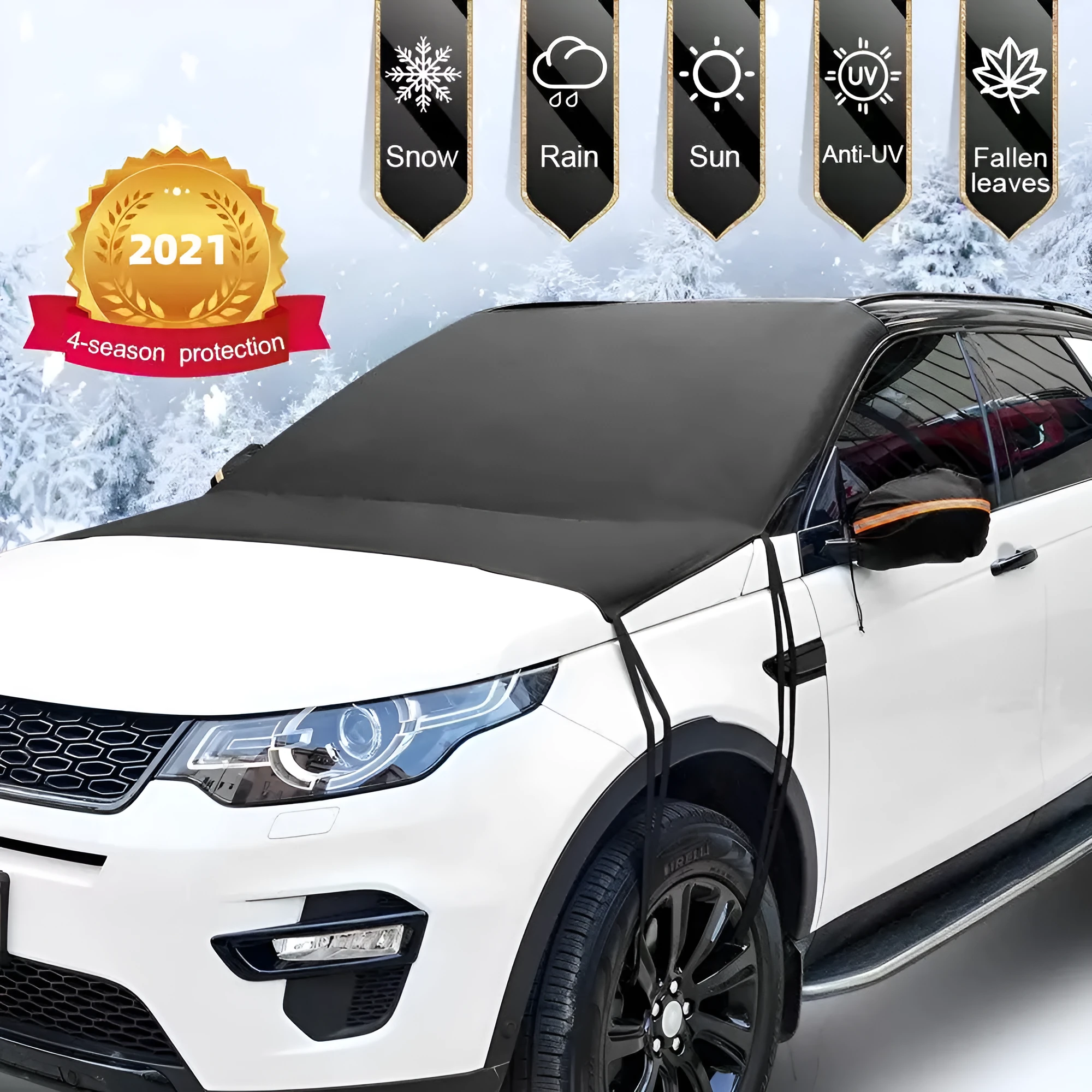 Black 210T polyester car windshield snow cover with six elastic bands, 205x150cm, for outdoor parking