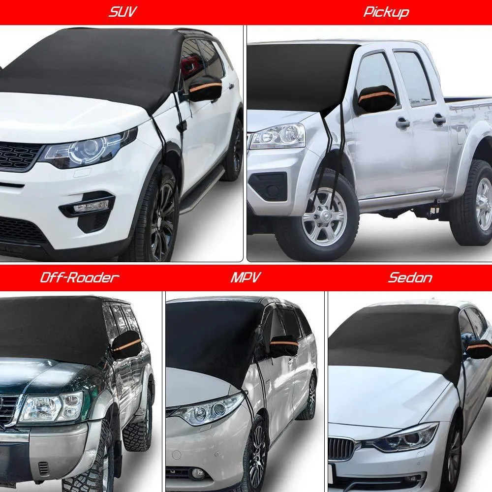 Black 210T polyester car windshield snow cover with six elastic bands, 205x150cm, for outdoor parking