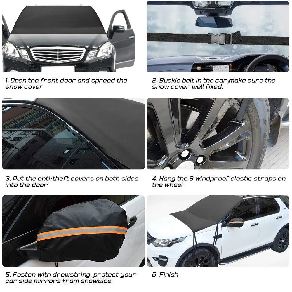Black 210T polyester car windshield snow cover with six elastic bands, 205x150cm, for outdoor parking