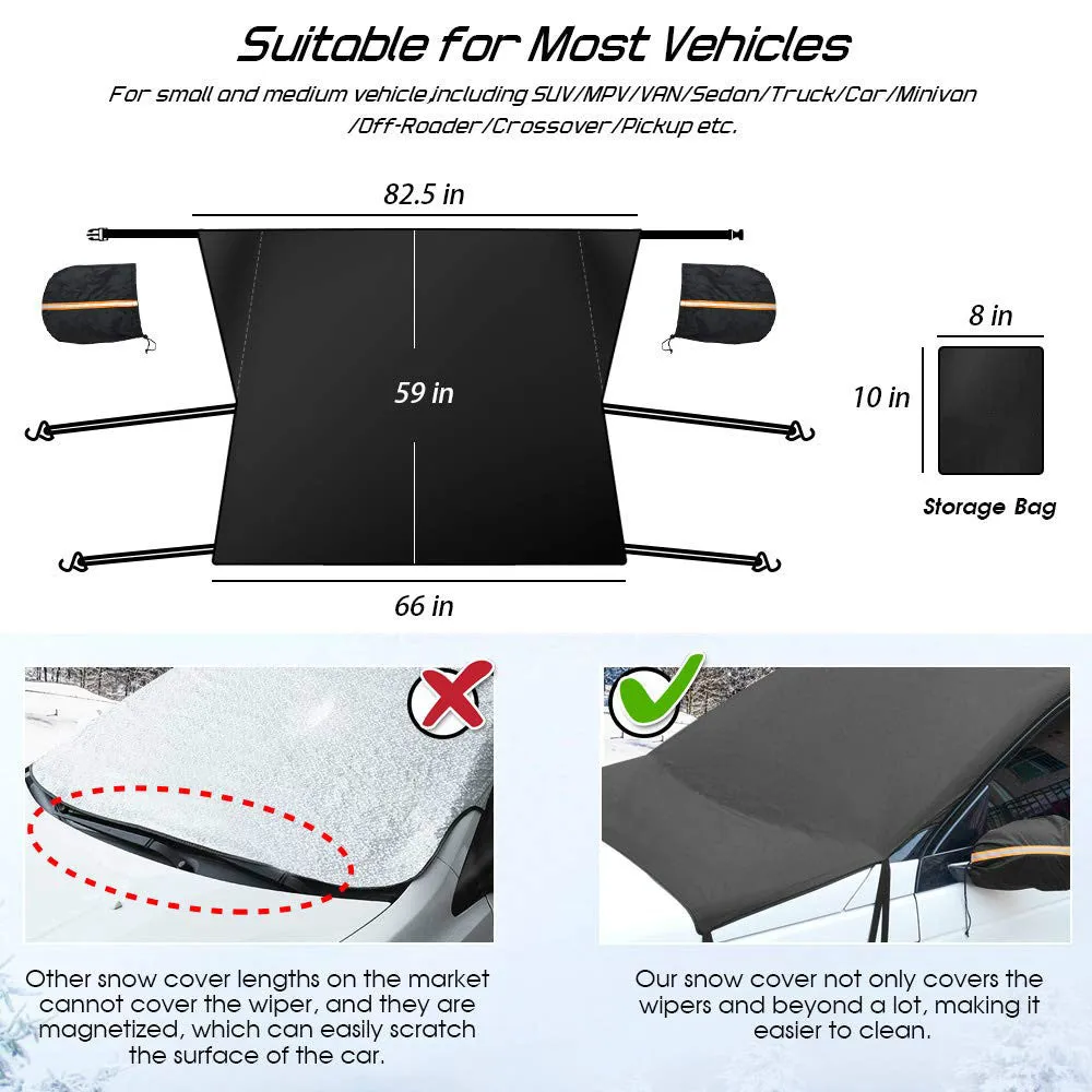 Black 210T polyester car windshield snow cover with six elastic bands, 205x150cm, for outdoor parking