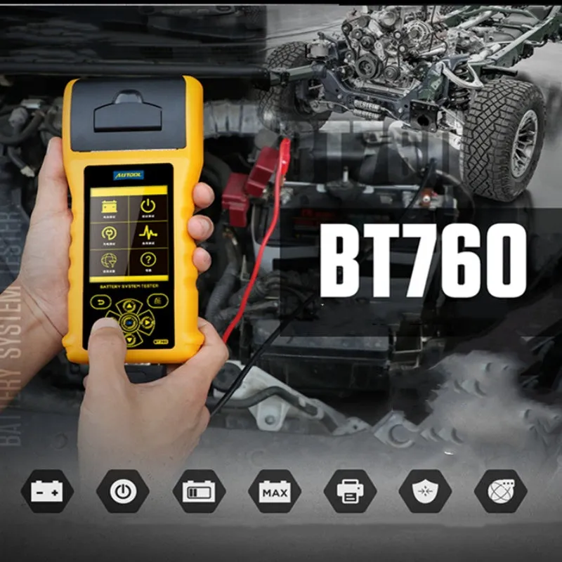 Autool BT760 vehicle battery tester with colour screen, thermal printer, and battery clip cables.
