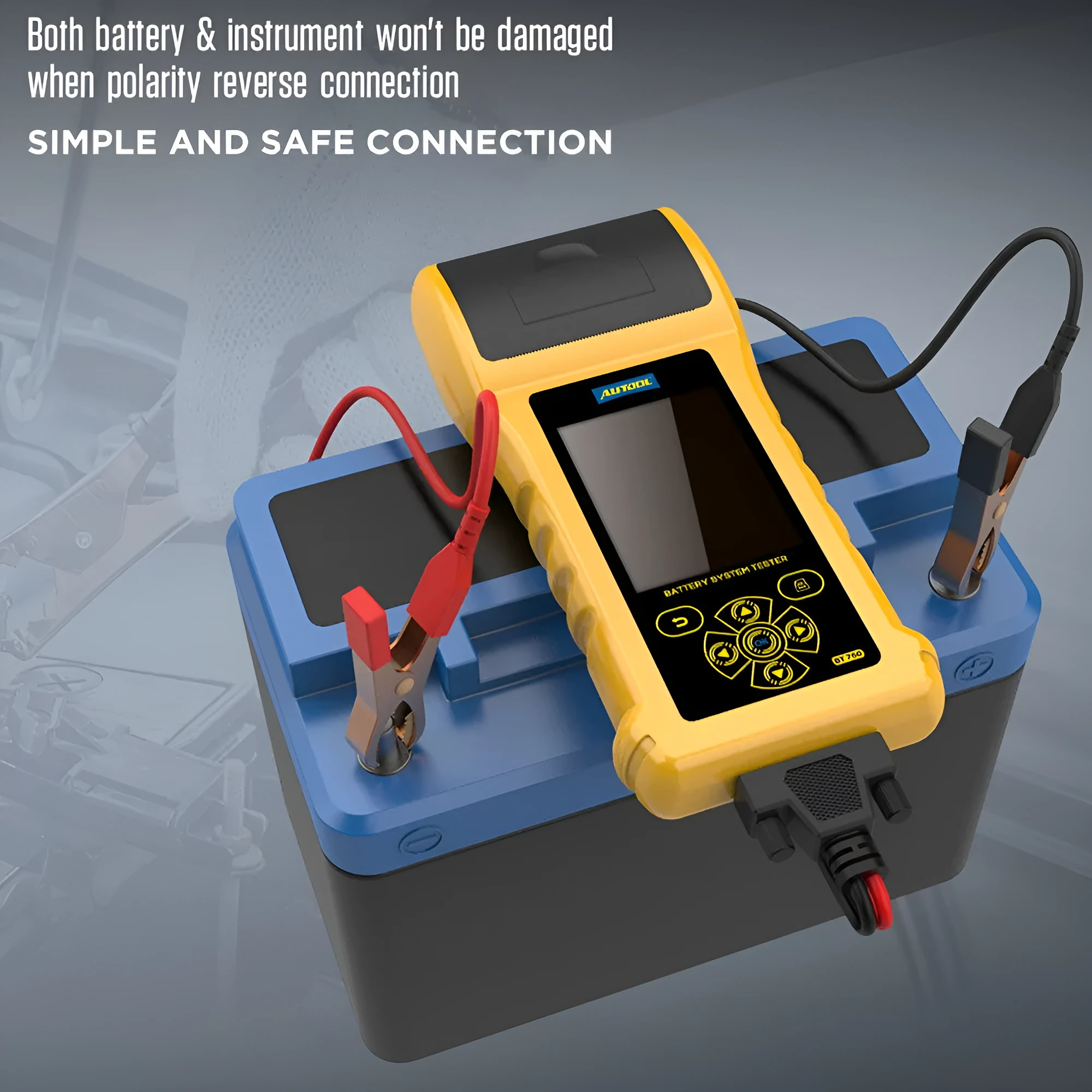 Autool BT760 vehicle battery tester with colour screen, thermal printer, and battery clip cables.