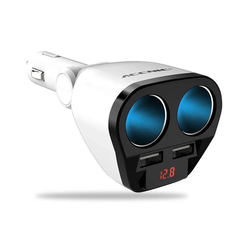 Accnic T2 white dual USB car charger with voltage display plugged into a vehicle socket