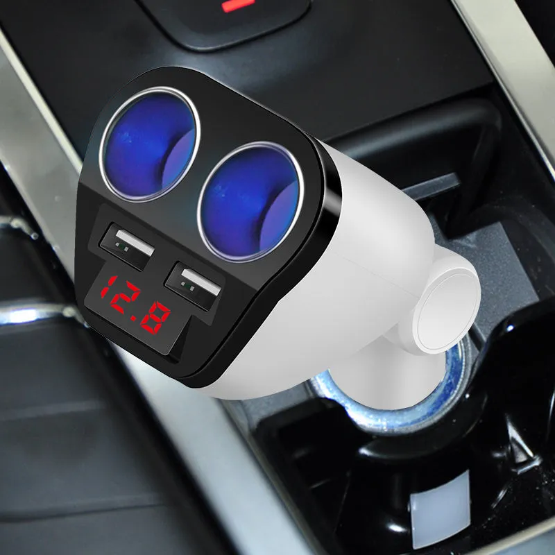Accnic T2 white dual USB car charger with voltage display plugged into a vehicle socket