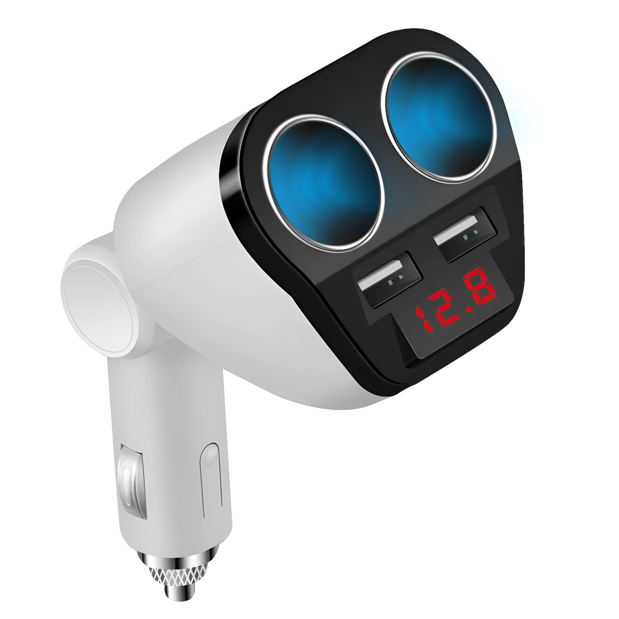 Accnic T2 white dual USB car charger with voltage display plugged into a vehicle socket