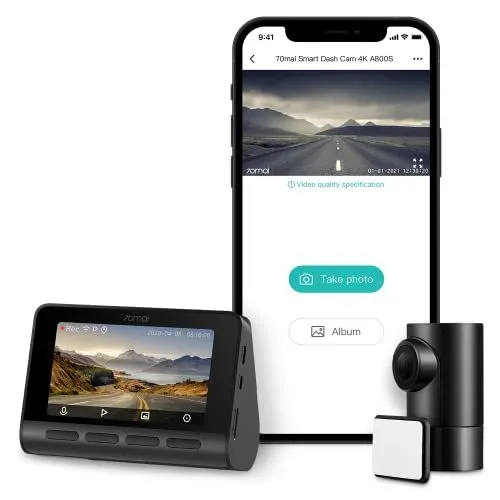 70mai A800S-1 4K dash cam mounted on car windscreen, black colour, 3-inch screen visible