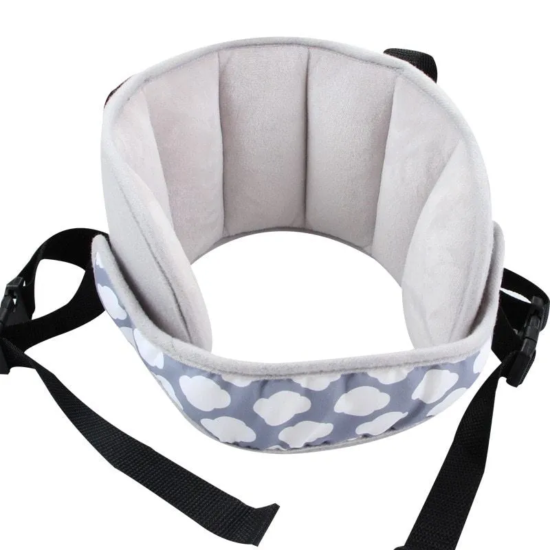 Child car seat head support in blue with hook and loop neck strap and rear waistband