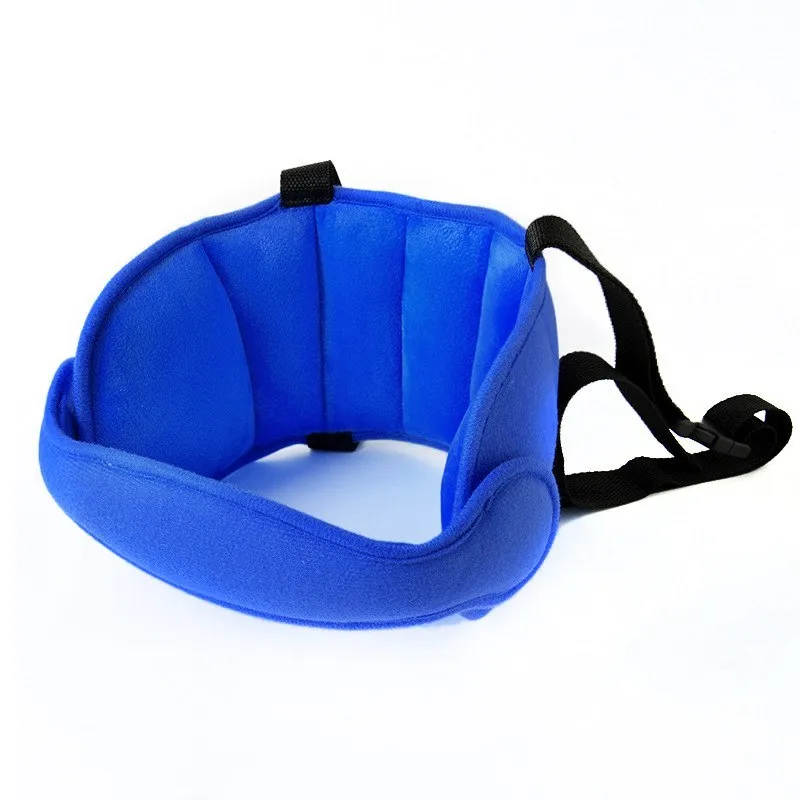 Child car seat head support in blue with hook and loop neck strap and rear waistband