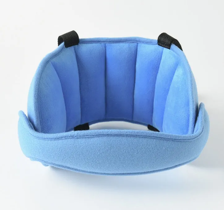 Child car seat head support in blue with hook and loop neck strap and rear waistband