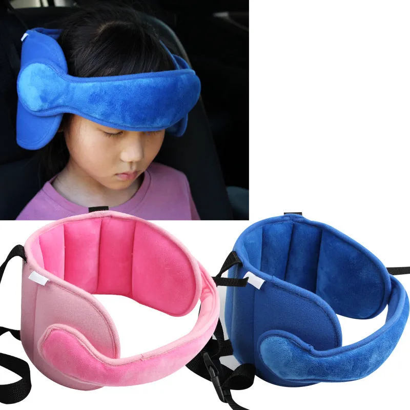 Child car seat head support in blue with hook and loop neck strap and rear waistband