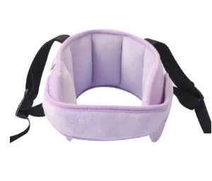 Child car seat head support in blue with hook and loop neck strap and rear waistband
