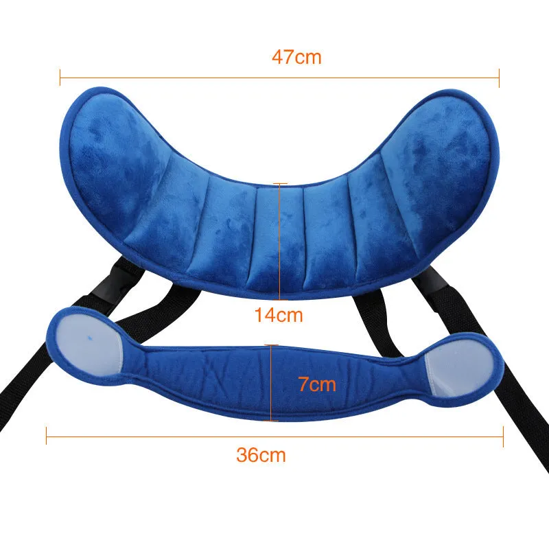 Child car seat head support in blue with hook and loop neck strap and rear waistband