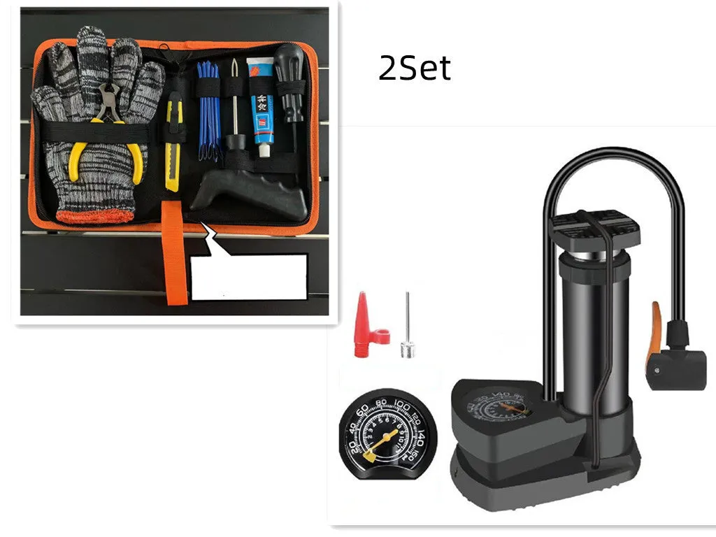 Motorcycle travel tire repair kit including rubber strips, glue, spiral cone, and air hose for vacuum tyre puncture repair up to 6mm