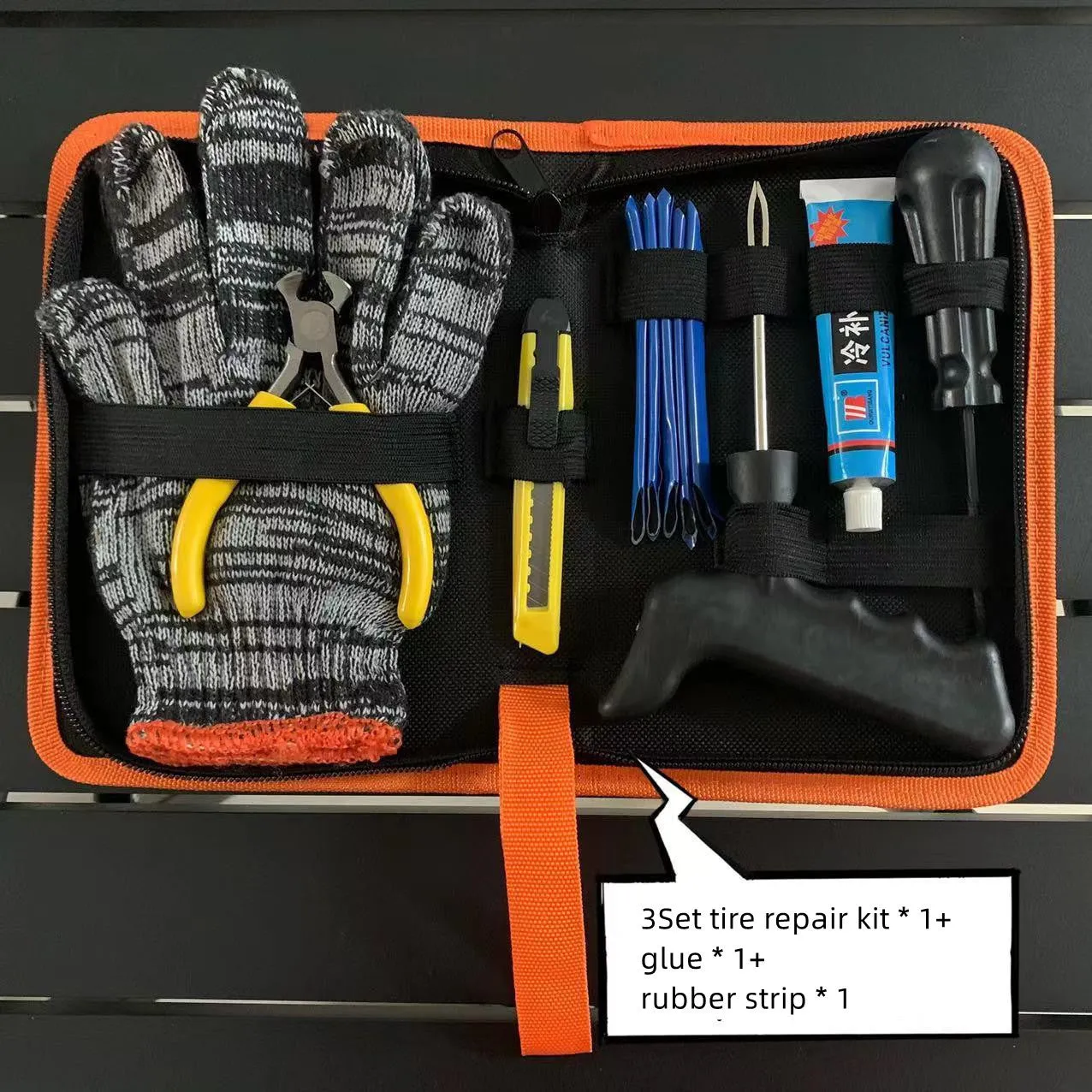 Motorcycle travel tire repair kit including rubber strips, glue, spiral cone, and air hose for vacuum tyre puncture repair up to 6mm