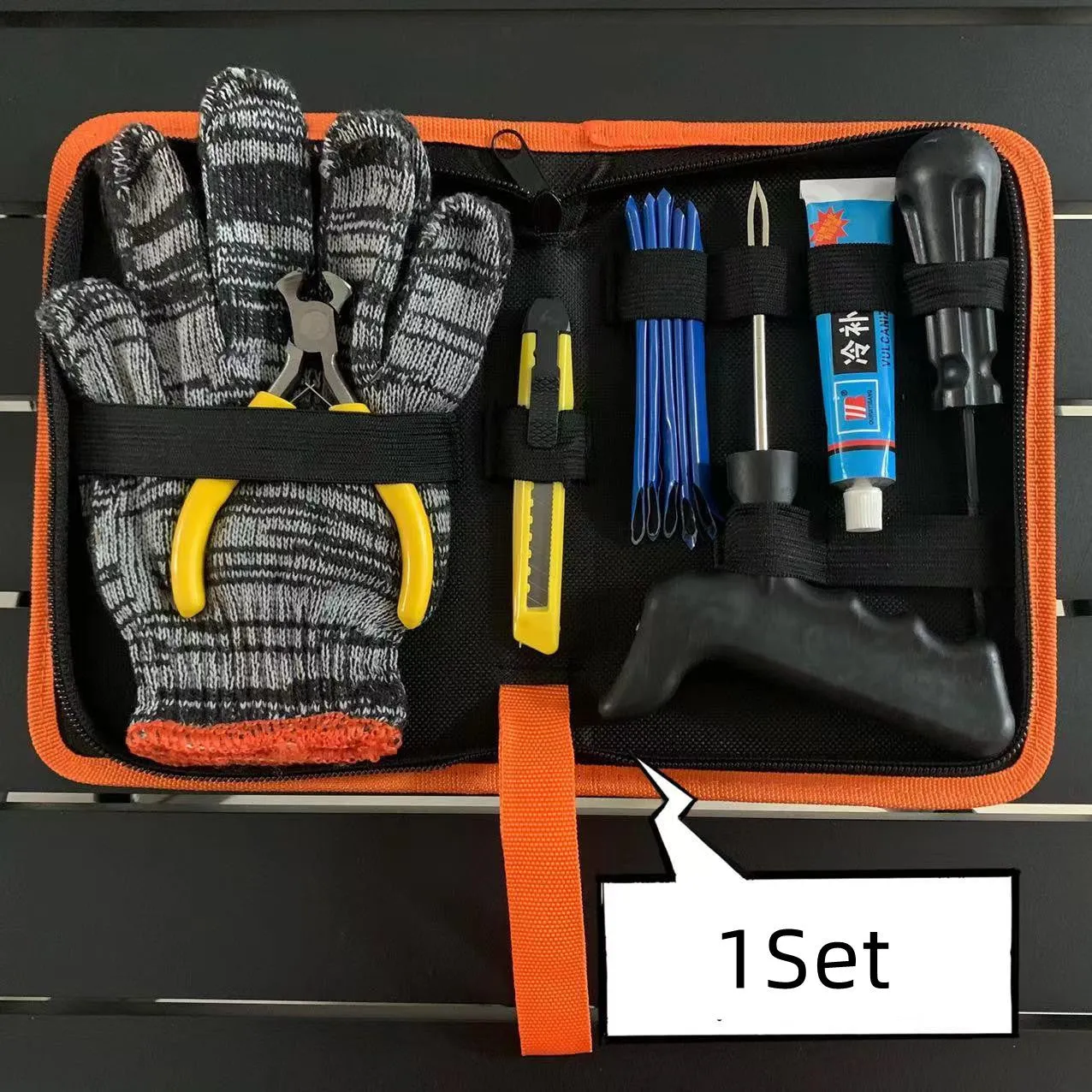 Motorcycle travel tire repair kit including rubber strips, glue, spiral cone, and air hose for vacuum tyre puncture repair up to 6mm