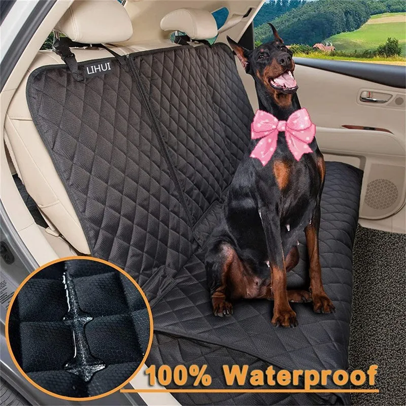 Black pet car seat cover with thick cushion and non-slip net on rear seat, 600D Oxford cloth, size 134.62 x 121.92 cm