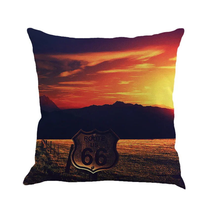 Route 66 landscape pattern linen cushion cover measuring 45cm square with cotton-linen blend material